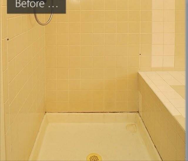 Before — Dated Yellow Tile Shower → Renewed with a Modern Stone Finish
