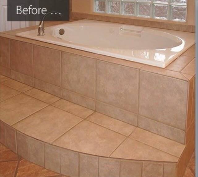Before — Worn Tile Tub Surround → Renewed with Anew Stone Finish