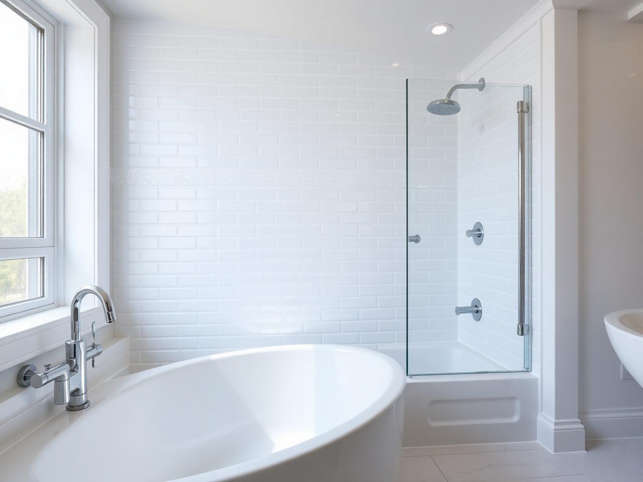 Freshly refinished glossy white bathtub and shower