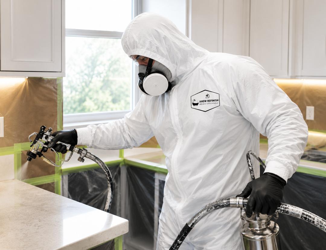 ANEW Refinish technician spraying a countertop