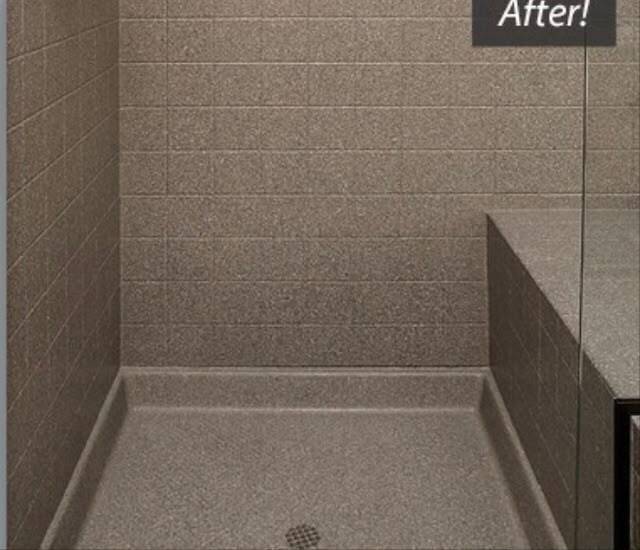 After — Dated Yellow Tile Shower → Renewed with a Modern Stone Finish