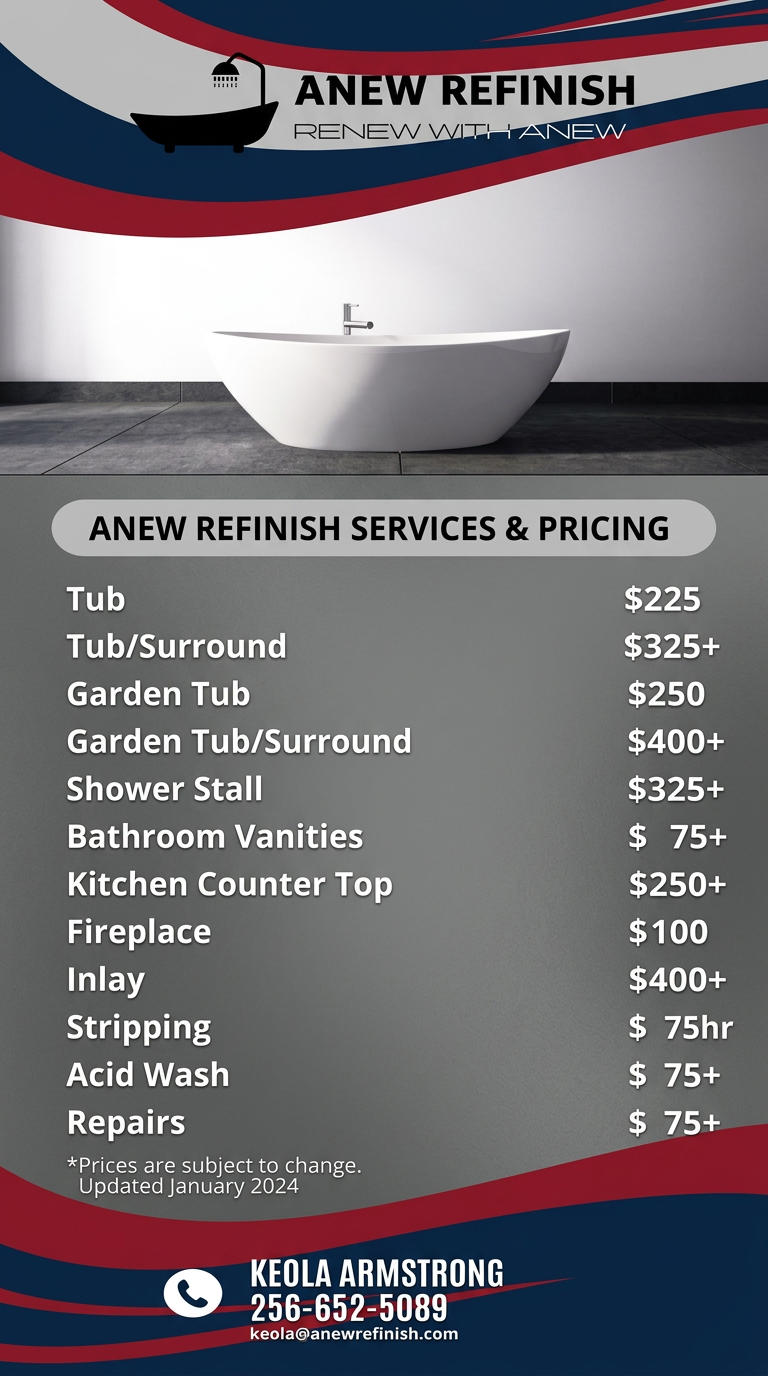 ANEW Refinish Services and Pricing — Tub $225, Tub/Surround $325+, Garden Tub $250, Shower Stall $325+, Bathroom Vanities $75+, Kitchen Counter Top $250+, Fireplace $100, Inlay $400+, Stripping $75/hr, Acid Wash $75+, Repairs $75+